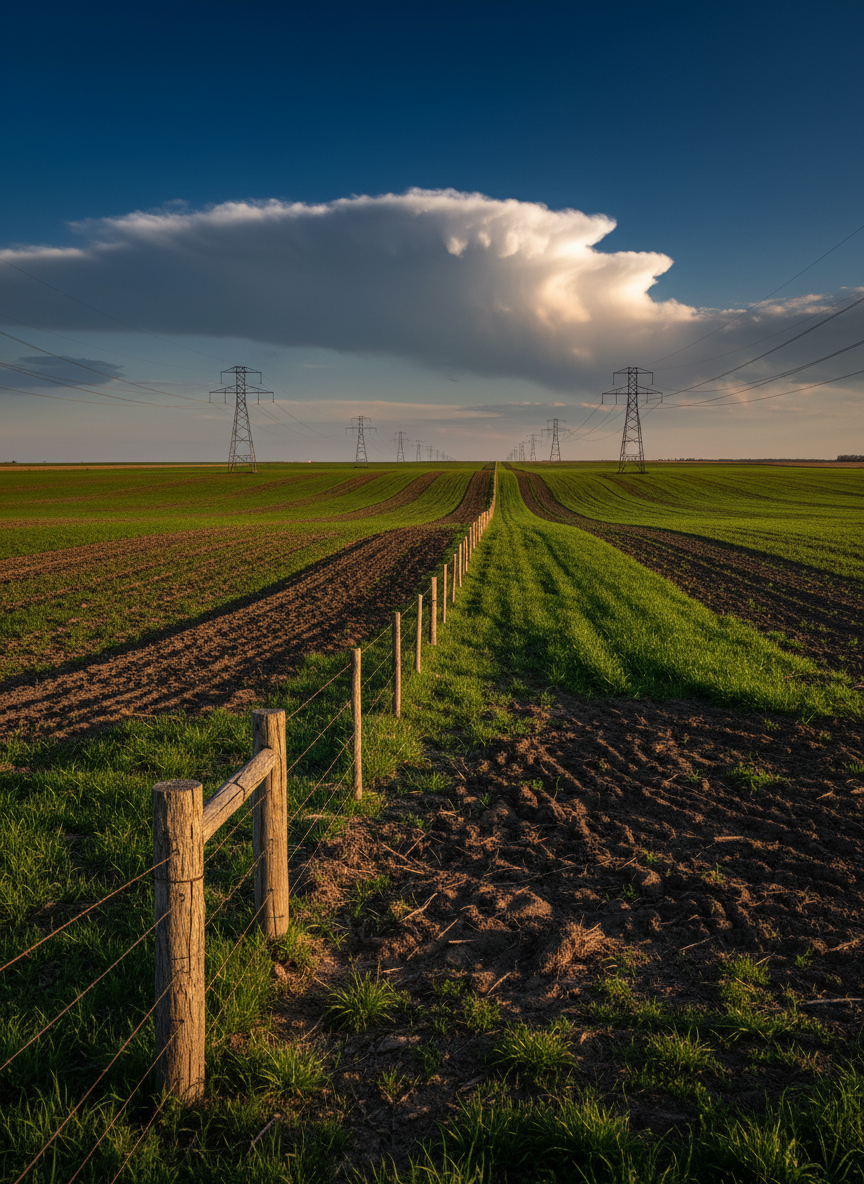 An expansive Missouri farmland stretching to the horizon, with meticulously plowed dark soil and alternating bands of bright green crops forming bold geometric patterns. A single, sturdy wooden fence line runs diagonally through the frame, separating intact fields from a distant row of tall steel transmission towers fading into the background haze. Captured in crisp photographic realism at golden hour, warm sunlight grazes the furrows and weathered fence posts, casting long, assertive shadows. Shot from a slightly elevated eye-level perspective using the rule of thirds, the composition emphasizes the land’s vastness and vulnerability. The sky is a deep, saturated blue with a few dramatic clouds, creating a determined, protective atmosphere that feels bold and unwavering.