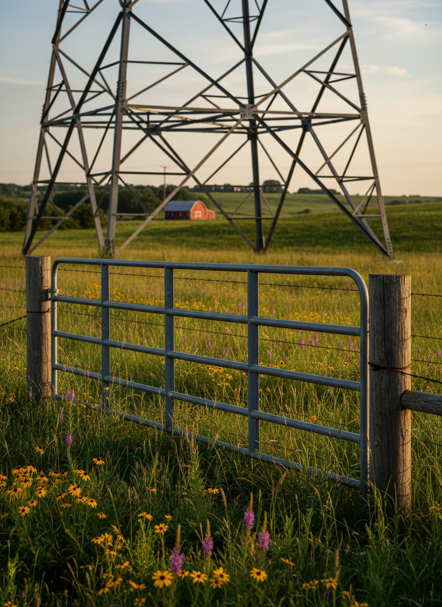 A close-up, low-angle photographic view of a massive steel transmission tower looming at the edge of a pristine Missouri pasture, its cold gray latticework sharply contrasting with lush, knee-high prairie grass and scattered wildflowers in rich yellows and purples. In the foreground, a heavy galvanized gate and barbed-wire fence line stand firmly closed, weathered wood posts showing deep grain and age. Late afternoon sunlight creates strong side lighting, carving hard-edged shadows from the tower and fence, emphasizing tension between infrastructure and open land. The background shows rolling green hills and a distant red barn, softly blurred with shallow depth of field. The mood is bold and defiant, compositionally framed with the tower partially cropped to feel imposing yet resisted by the enduring fence.