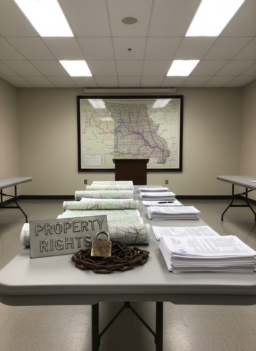 Inside a simple county meeting room, depicted without people, a long folding table dominates the foreground, its textured gray plastic surface scattered with neatly stacked printed maps, thick legal documents, and a bold metal sign reading “PROPERTY RIGHTS” in large stamped letters. Beside the sign lies a coiled length of heavy chain and an old brass padlock, symbolizing protection. At the back of the room, an unoccupied wooden podium stands before a wall-mounted map of Missouri marked with red and blue lines tracing proposed transmission routes. Fluorescent ceiling lights cast bright, even illumination, creating crisp, high-contrast photographic realism. Shot from a slightly low, centered perspective, the scene feels tense but organized, the mood bold, focused, and ready for action, emphasizing determination to defend land without showing any human figures.