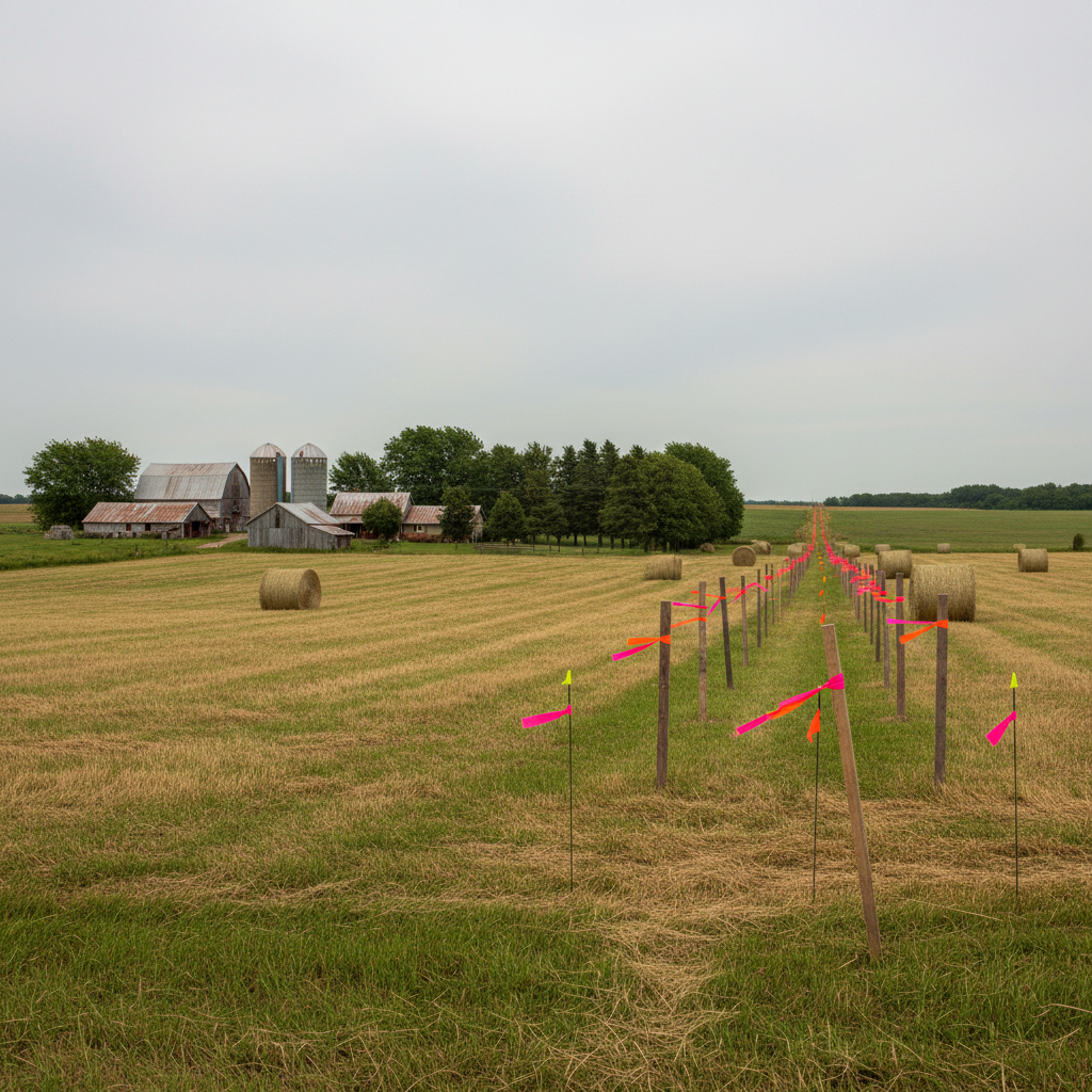 A wide, panoramic photographic scene of rural Missouri homesteads: a cluster of modest, well-kept farm buildings, corrugated metal roofs, silos, and windbreak trees arranged across gently rolling fields. In the mid-distance, survey flags and tall wooden stakes slice a harsh linear path through hay bales and pasture, marked with bright orange and neon pink ribbons flicking in the breeze. There are no construction machines yet, only the threat suggested by this staked corridor. Overcast midday light is diffused, casting soft, even illumination that highlights the vivid flag colors against muted earth tones. Shot from an eye-level vantage point with sharp focus throughout, the composition uses asymmetrical balance to contrast the organic, established farmstead on one side with the stark, surveyed line on the other, creating an atmosphere of steady resolve and quiet alarm.