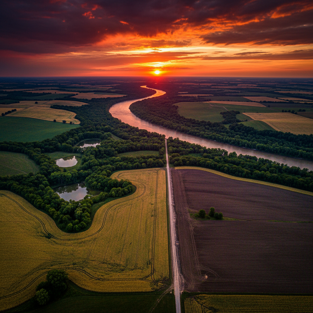 A dramatic aerial photographic view of a winding Missouri river bordered by patchwork fields, dense tree lines, and small ponds, all glowing under the saturated oranges and reds of a stormy sunset. A single, freshly bulldozed dirt corridor scars across several fields toward the horizon, its raw, pale soil cutting through dark topsoil and green crops in a brutal straight line that approaches but does not yet reach the river. The low sun breaks through heavy clouds, casting sharp, angular shadows from remaining fence rows and hedgerows, underscoring the severity of the intrusion. Captured with wide-angle, high-altitude composition, the image uses strong contrast and vivid color to convey a bold, urgent atmosphere, celebrating the natural complexity of rural Missouri while spotlighting the stark threat of unnecessary new transmission lines.