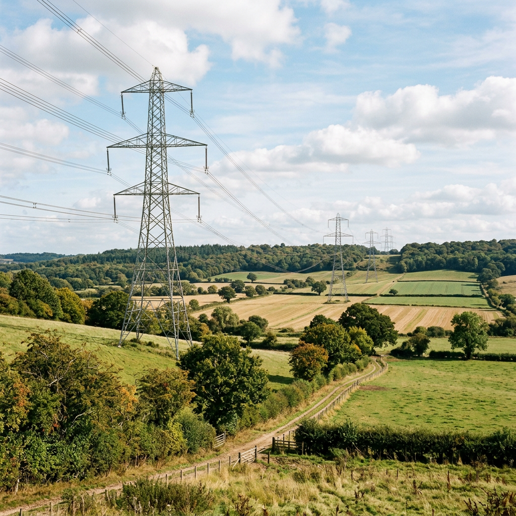 Tall electricity pylons with power lines crossing green fields and trees in a rural landscape